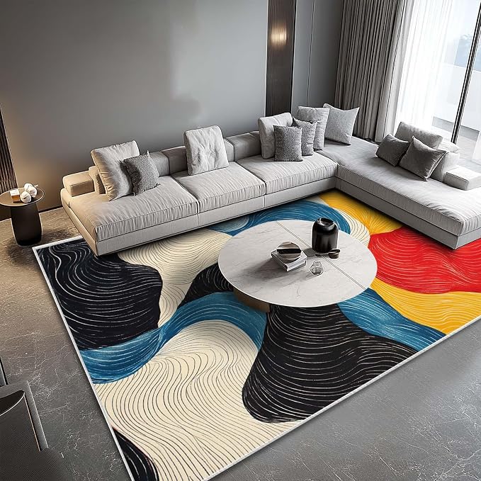 8x10 Colorful Area Rug Modern Abstract Black White Blue Beige Red Yellow Bedroom Rug Soft Low Pile Thin Large Carpet Living Room Non Slip Dining Room Stain Resistant Office Washable Machine