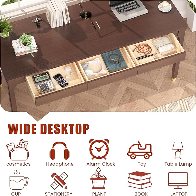 63 Inch Long Solid Wood Desk with Drawers - Mid Century Modern Office Desks, Executive Computer Desk for Two People, 2 Person Desk|Gaming Writing Study Table for 2 Monitors-Dark Walnut