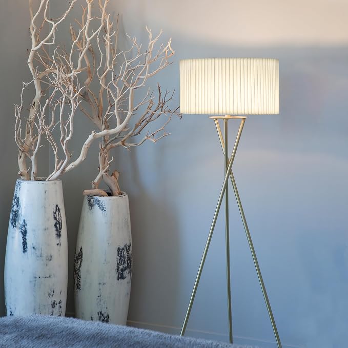 Brightech Jaxon Tripod Floor Lamp with Pleated Drum Shade, Modern Lamp for Living Room & Office, Contemporary and Elegant LED Lamp, Gold Standing Lamp for Bedroom Reading, Home Decor - Brass