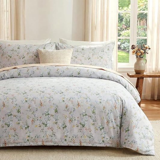 Green Floral Duvet Cover King Size 100% Cotton Botanical Coquette Bedding Sets with Zipper Closure 3 Pieces Soft & Breathable Reversible Comforter Cover