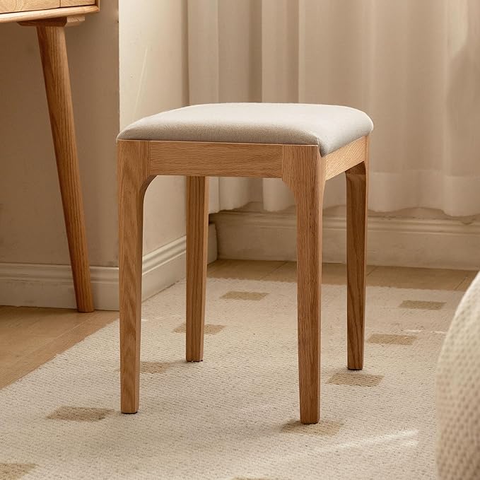 Vanity Stool, Oak Wood Vanity Chair, Wooden Chair for Vanity with Upholstered Cushions for Living Room, Bedroom, Gray