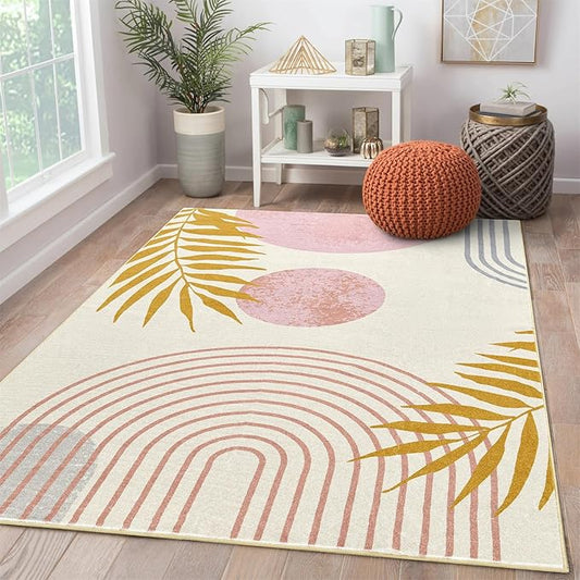 RoomTalks Cute Pink Nuresry Rug Washable, Boho Modern Contemporary Aesthetic 5x7 Area Rugs for Bedroom Dining Living Room Dorm, Abstract Art Tropical Leaves Thin Indoor Entryway Rug Carpet