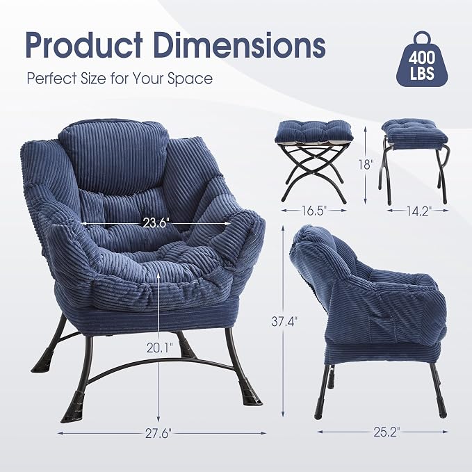 Lazy Chair with Ottoman, Comfy Lounge Chair for Reading, Relaxing, and Napping, Perfect for Living Room, Bedroom, or Office, Navy