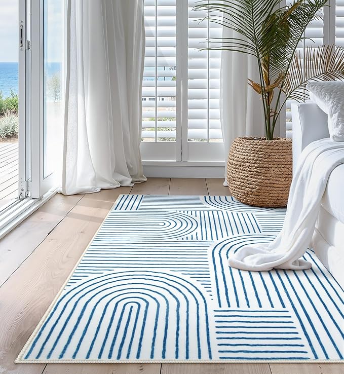 Lahome Abstract Washable Rugs, 4x6 Blue Rug for Bedroom Nursery Soft Non Slip Modern Living Room Rug, Ultra-Thin Non-Shedding Throw Carpet for Entryway Kitchen Office Darrell(4'x6',Blue/White)