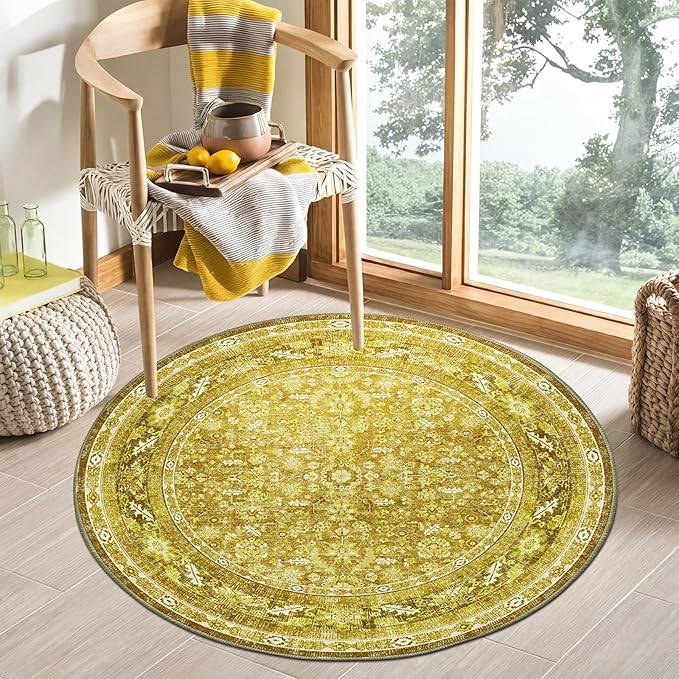 OPPODREAM Vintage Yellow Round Rug 4ft, 4 ft Retro Washable Circle Rug Non Slip, Low-Pile Faux Wool Circular Carpet, Distressed Floor Mat for Living Room, Bedroom, Office, Dorm, Dinning Room