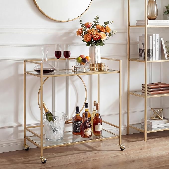 RiteSune Gold Bar Cart, Modern Wine Cart with Wheels, Home Bar Serving Carts with 2 Tier Mirrored Shelves, Wine Bar Carts for The Home, Dining Room, Kitchen