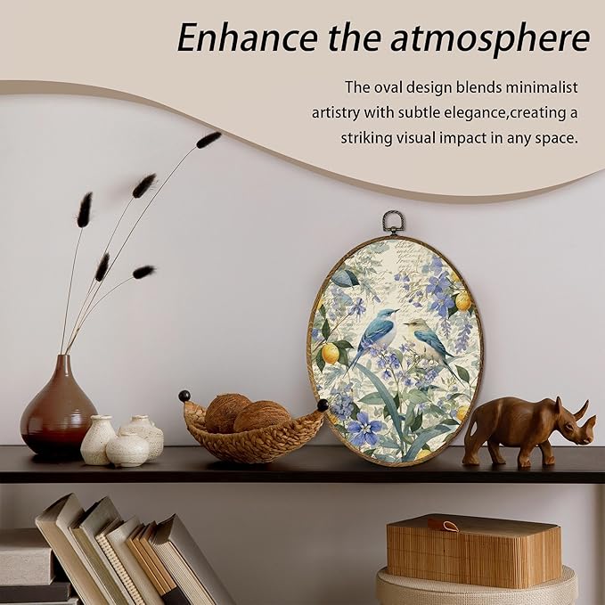 AEHIE Vintage Floral Bird Oval Wall Art Decor, Cottagecore Flower Botanical Lemon Canvas Artwork Framed, Country Bird Floral Picture Oval Wall Art for Home Bedroom Living Room Decor, 11x8.5 Inches