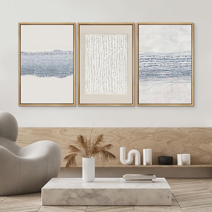 SIGNWIN Framed Canvas Print Wall Art Set Blue White Grunge Geometric Pattern Abstract Shapes Cozy Neutral Decorative Contemporary Minimal for Living Room, Bedroom, Office - 24"x36"x3 Natural