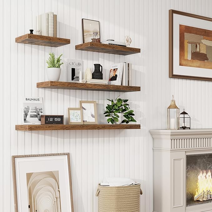 Marsmiles 30in Floating Shelves for Wall, 30" W x 9.25" D x 1.25" H, 2 Pack Long Wall Mounted Engineered Wood Shelves with Invisible Brackets for Living Room, Bedroom, Bathroom, Kitchen, Rustic Brown