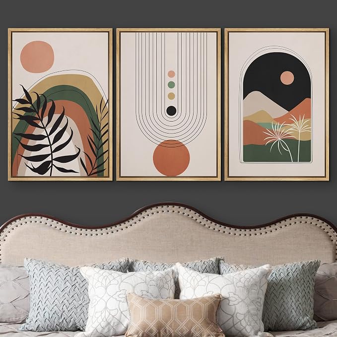 wall26 Framed Canvas Print Wall Art Set Boho Mid-Century Geometric Desert Plant Landscape Nature Abstract Illustrations Modern Bohemian Decorative for Living Room, Bedroom, Office - 24"x36"x3 Natural