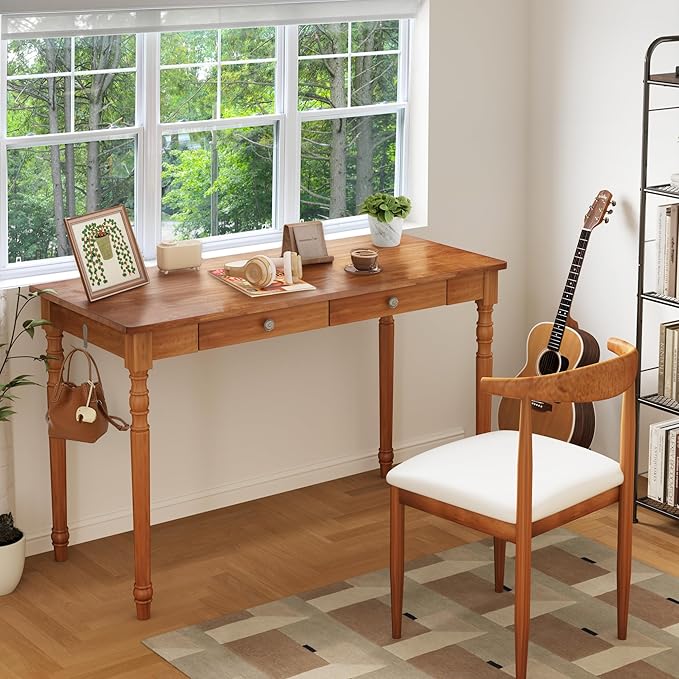 47 x 22 Inch Wooden Desk with Drawers -Simple Mid Century Modern Desk with 2 Hooks, Solid Rubber Wood Study Table for Living Room, Bedroom & Home Office, Walnut Color
