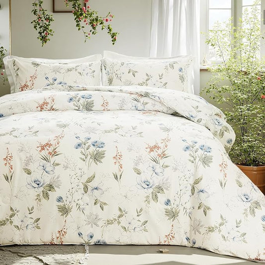Floral Duvet Cover Twin Size 100% Cotton Reversible Duvet Cover Set with Zipper Closure 2 Pieces Soft & Breathable Green Garden Floral Comforter Cover Sets