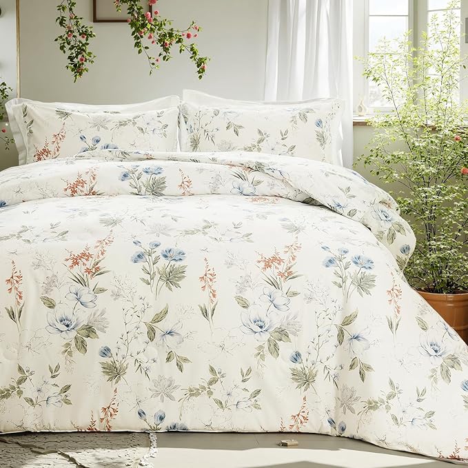 Floral Duvet Cover Queen Size 100% Cotton Reversible Duvet Cover Set with Zipper Closure 3 Pieces Soft & Breathable Green Garden Floral Comforter Cover Sets