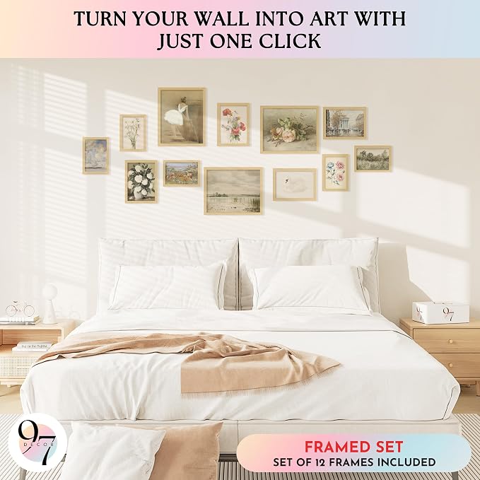 97 Decor Vintage FRAMED Wall Art - Framed Vintage Wall Art Prints, Vintage Posters For Room Aesthetic, Lanscape Prints For Walls Decor, Moody Gallery Walls Pictures Botanical Paintings For Home Bedroom (BEIGE FRAME)