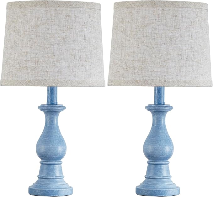 Vintage Table Lamp for Living Room Bedroom, 18.5" Farmhouse Bedside Lamps Nightstand Lamp Set of 2, Table Lamps with Oatmeal Linen Lamp Shades, 2 LED Bulbs Included, Blue
