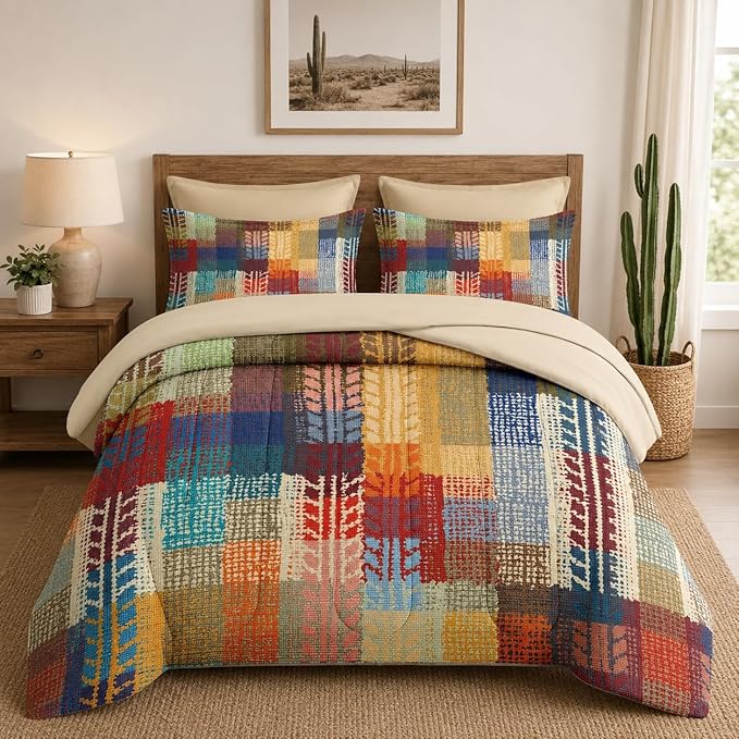Nesker Comforter Set Twin Size, Boho Vintage Geometric 5 Pcs Bedding for Kids and Adults, Painting Colorful African Bed Sheet Sets with Fitted Sheet Pillowcase & Sham
