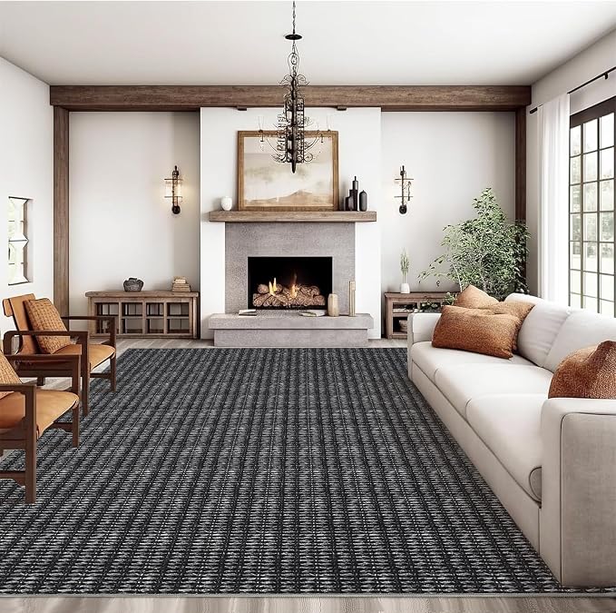 9x12 Area Rug Washable Modern Braided Rug for Living Room Low Pile Soft Bedroom Rugs Non Slip Modern Indoor Large Carpet Thin Foldable Distressed Woven Print Carpet for Nursery Dining Playroom, Black