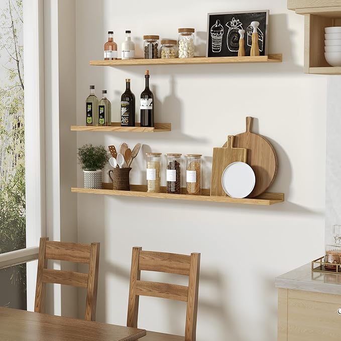 Vivelove Oak Floating Shelves Wall Mounted Set of 2, Rustic Large Wall Shelves for Storage with Lip, Display Picture Ledge with Lip for Storage, Bedroom, Living Room, Bathroom,Nursery Display