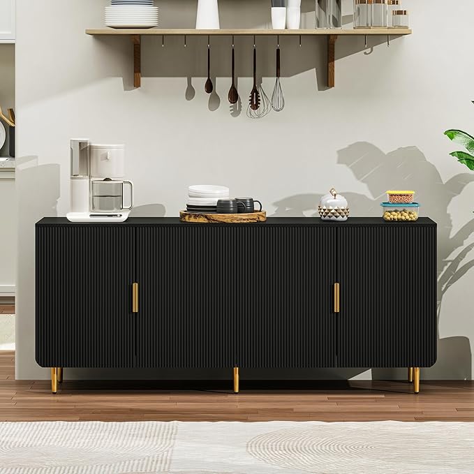 65" Fluted Sideboard Buffet Cabinet with Storage, Console Cabinet with 4 Doors & Adjustable Shelves, Modern Buffet Table for Kitchen Dining Living Room Hallway‌ Entryway, Black