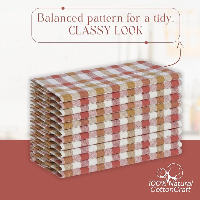 Multi Checkered Dish Towels 4 Pack, 18x26 Inches, 100% Cotton Kitchen Cloths, Quick Drying Wash Rags, Reusable & Absorbent, Washable Towels for Cleaning, Cooking - Rust, Tan, Natural