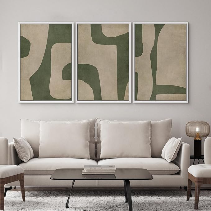 SIGNWIN Framed Canvas Print Wall Art Set Abstract Geometric Green and Beige Tones Illustrations Modern Art Decorative Boho Relax/Zen Nordic for Living Room, Bedroom, Office - 24"x36"x3 White