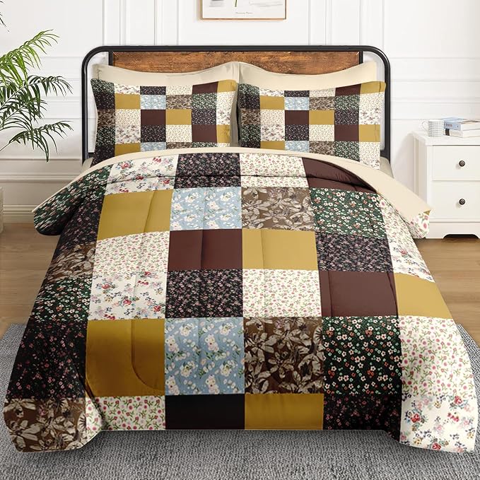 WeCozy 7 Pcs Queen Size Comforter Set with 2 Pillowcases & 2 Shams, Vintage Boho Floral Bedding for Kids and Adults, Blossom Flower Patchwork Bed in a Bag with Flat Fitted Sheet