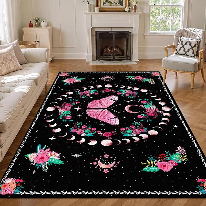 Pink Butterfly Area Rug 3'x5' Moon Phase Floral Rugs for Entryway Bedroom Living Room Kitchen Home Decor Boho Gothic Butterfly Carpet Non-Slip Washable Floor Mat