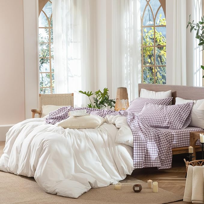 MooMee Gingham Sheet Set 100% Washed Cotton Linen Like Textured Breathable Soft w/Fully Elasticized 16-19" Deep Pocket (Classic Gingham Light Purple, King)