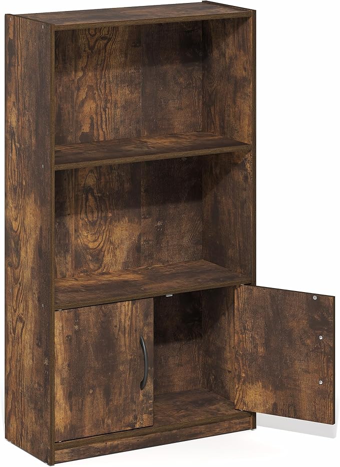 Furinno Gruen Book Shelf, 3-Tier Bookshelf, Bookcase with Open Shelf and 2 Doors Storage Cabinet, 9.3 x 21.8 x 39.5, for Organization and Storage, for Living Room, Bedroom, Home Office, Amber Pine