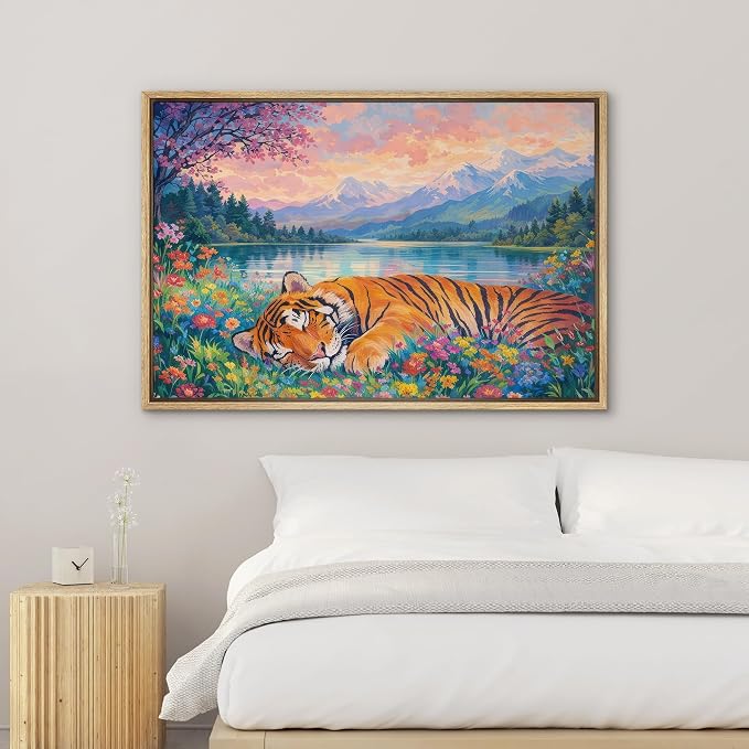 SIGNWIN Framed Canvas Print Wall Art Sleeping Tiger by Mountain Lake Wildflower Landscape Rustic Landscape Relax/Calm for Living Room, Bedroom, Office - 16"x24" Natural