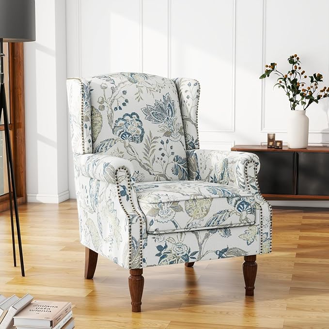High Back Accent Chair, Fabric Upholstered Armchair Floral Wingback Chair for Living Room, Comfy Single Sofa Bedroom Reading Seat with Solid Wood Legs - Plants Blue