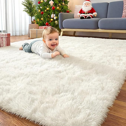 OLANLY 6x8 Machine Washable Large Area Rugs for Living Room, Bedroom, Soft Fluffy Shaggy Bedside Rug, Indoor Floor Carpet for Kids Girls and Boys, Dorms, Nursery, Home Decor Aesthetic, Ivory