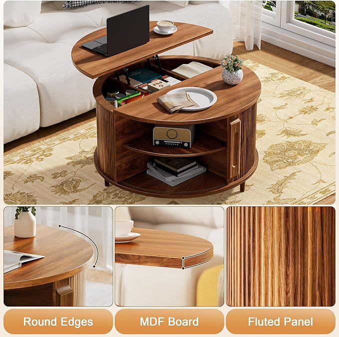 Round Lift Top Coffee Table, 31.5” Fluted Wood Lift Up Center Table with Sliding Door & Hidden Storage, Mid Century Modern Coffee Table for Living Room & Home Office (Walnut)