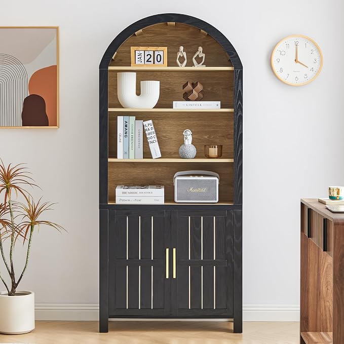 71" Tall Arched Bookcase, Arch Bookshelf with Doors , Modern Book Shelf Storage Cabinet with Adjustable Shelves, Wood Bookshelf w/Open Display for Living Room, Office Decor (Black/Natural, 2PC)