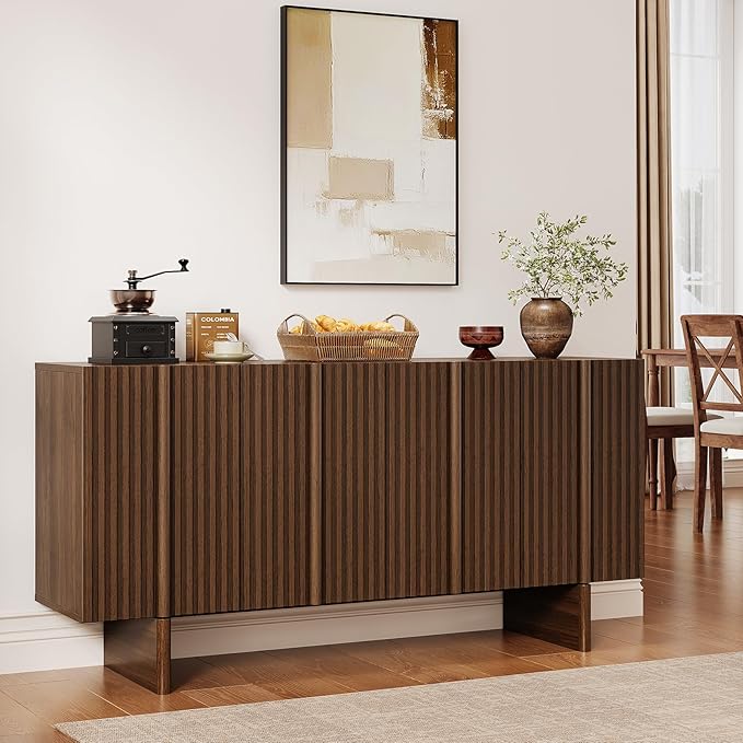 ONBRILL 63" Fluted Sideboard Buffet Cabinet with Storage, Large Sideboard Cabinet with Adjustable Shelves, Modern Credenza with 4 Doors, Kitchen Cabinets for Living Room, Entryway, Black