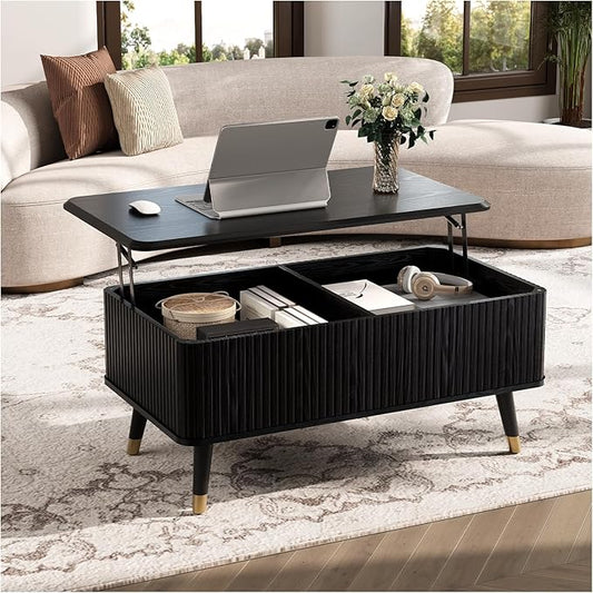 Lift Top Coffee Table with Storage, Mid Century Modern Rectangular Center Table, Fluted Design with Hidden Compartment, Rising Desk for Work from Home, Living Room Furniture, Black Finish