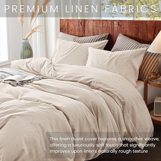 3Pcs Organic Linen Duvet Cover King Size, 100% French Linen from Normandy, Soft & Durable Tannish Linen Grey Bedding Set Comforter Cover with 2 Pillowcases, 1 Duvet Cover with Zipper