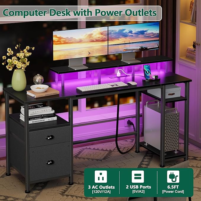 Furologee 61" Gaming Desk with Power Outlets & LED Lights, Reversible Computer Desk with File Cabinet & Monitor Stand for Home Office, Large Work Table with Storage Shelves & Drawer, Black