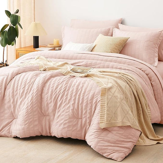 CozyLux Full Size Comforter Sets Blush Pink, 7 Pieces Seersucker Textured Luxury Bed in a Bag, All Seasons Soft Bedding Sets with Down Alternative Comforter, Sheets, Pillowcases & Shams, Home Gift