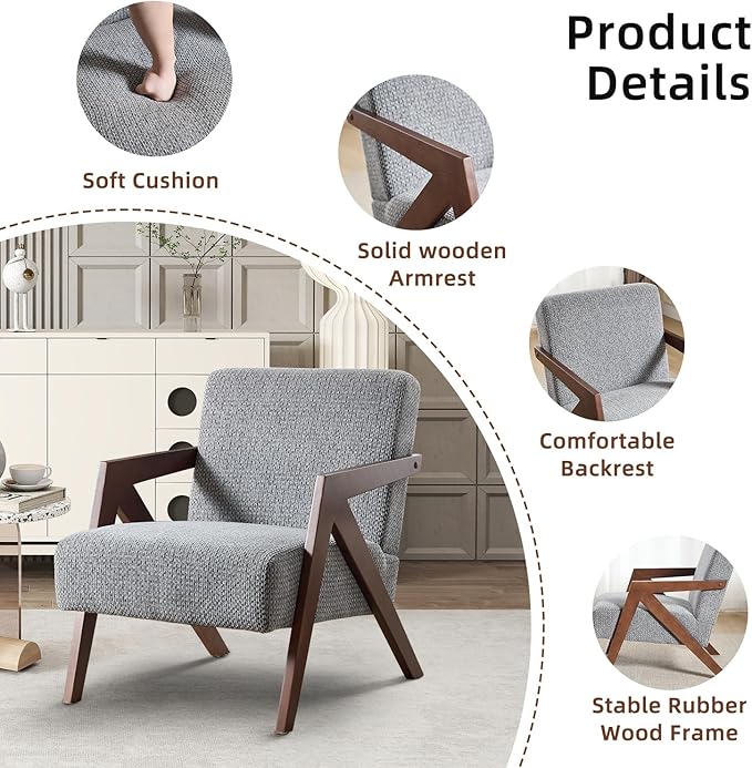INZOY Mid Century Modern Accent Chair with Wood Frame, Upholstered Reading Armchair with Soft Linen Fabric, Accent Chair for Living Room Bedroom Apartment, Easy Assembly, Blue