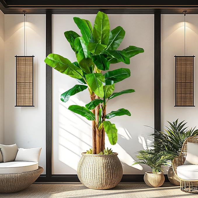 9FT Artificial Banana Tree Tall Fake Banana Leaf Plant Faux Banana Silk Tree Faux Banana Leaves for Home Swimming Pool Indoor Outdoor Patio Tropical Decor