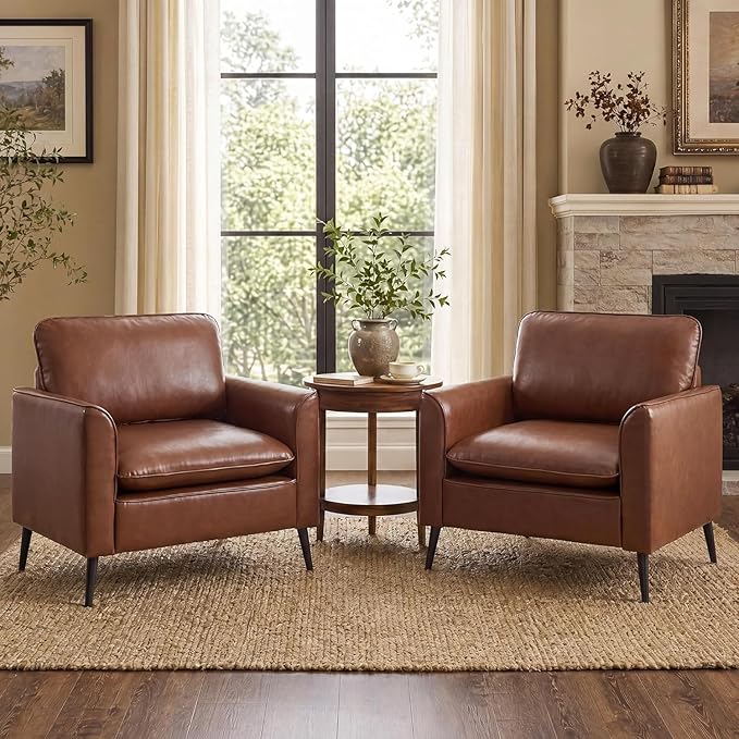 TYBOATLE Accent Chairs Set of 2, Comfy Faux Leather Living Room Chairs, Mid Century Modern Sofa Chairs, Cozy Reading Arm Chair, Armchairs for Bedroom, Office, Living Room (Brown)