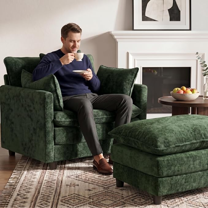 Oversized Accent Chair with Ottoman, Chenille Cloud Single Sofa Upholstered Double-Layer Seat Lounge Armchair with Pillows for Living Room Reading Apartment, Green