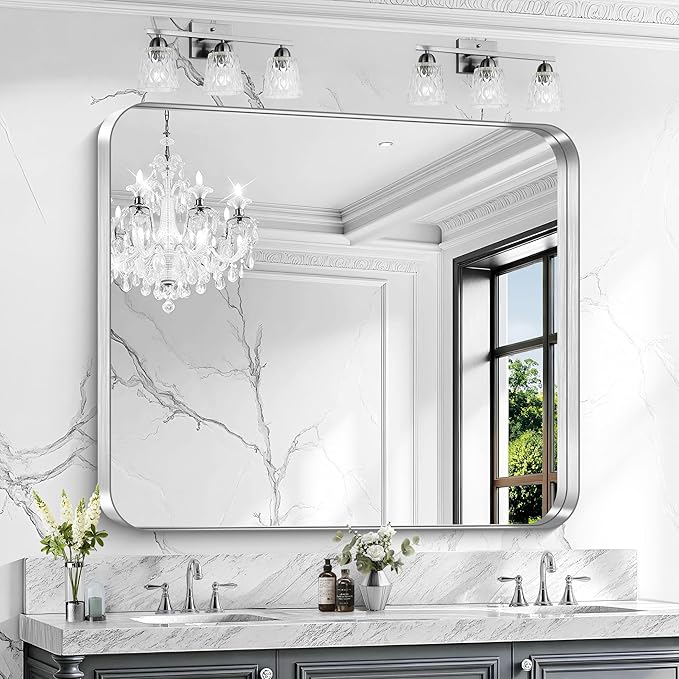 CIRCUMI Silver Bathroom Mirror, 40"x48" Rectangular Mirror with Deep Metal Frame, Rounded Corner, Tempered Glass, Large Mirror for Wall, Over 2 Sinks, Installed Vertically/Horizontally, Crystal-Clear