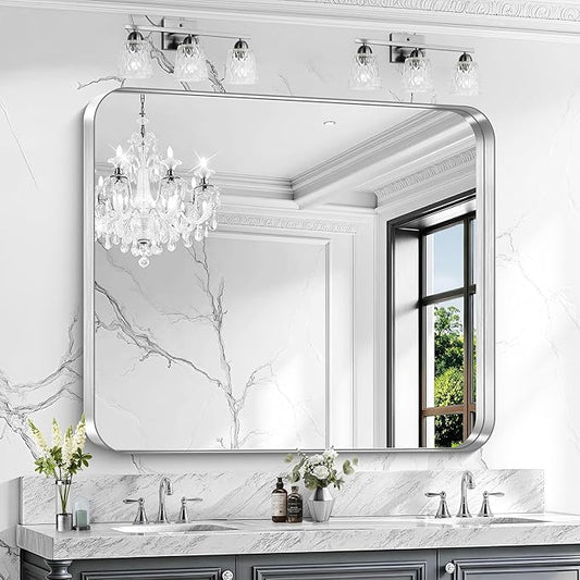CIRCUMI Silver Bathroom Mirror, 40"x48" Rectangular Mirror with Deep Metal Frame, Rounded Corner, Tempered Glass, Large Mirror for Wall, Over 2 Sinks, Installed Vertically/Horizontally, Crystal-Clear
