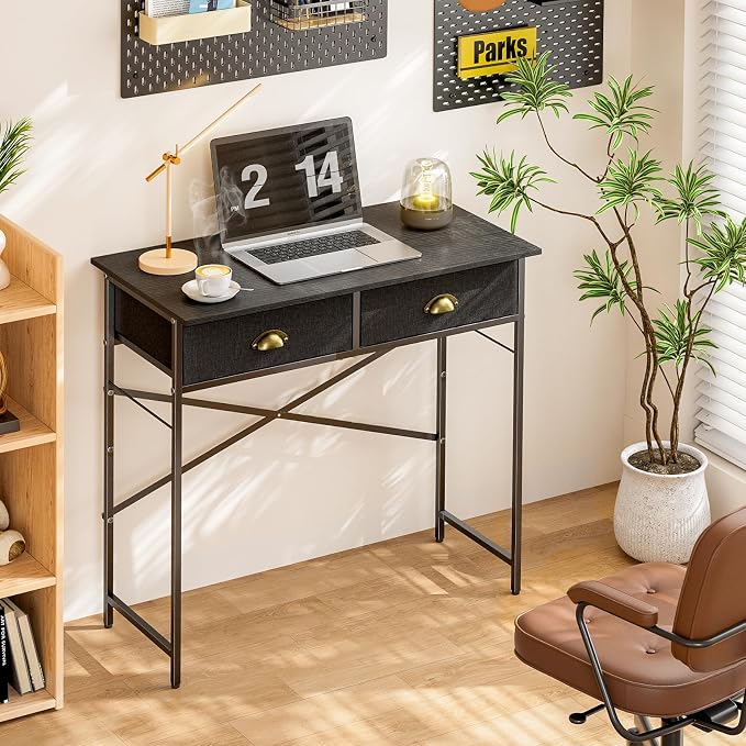 DAOUTIME Black Writing Desk for Kids Bedroom, 31.5 Inch Small Computer Desk for Small Spaces, Simple Desk with 2 Fabric Drawers for Home Office, Dorm, Living Room, Home Study Table, Black