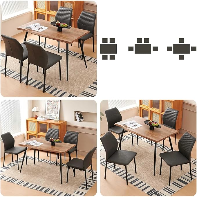 Dining Table Set for 4, Modern Wood Irregular Rectangle Dining Table,Leather Dining Chairs 4,Table and Chairs Set of 4 for Kitchen Dining Room, Dark Grey