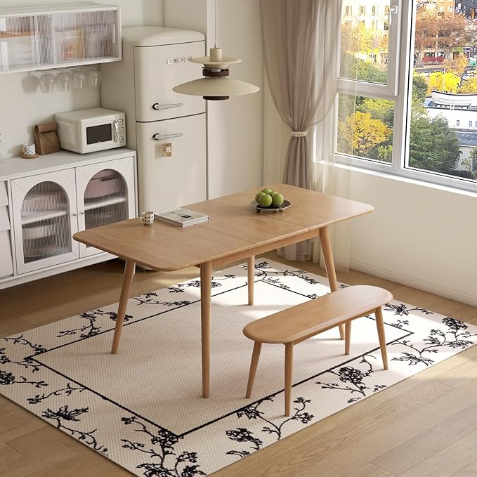 47’’-63’’ 100% Oak Extendable Dining Table and Bench Set for 2, Solid Wood Folding Kitchen Table, Mid Century Modern Dinner Table for Kitchen, Living Room, Natural (47''-63''+39''Bench)