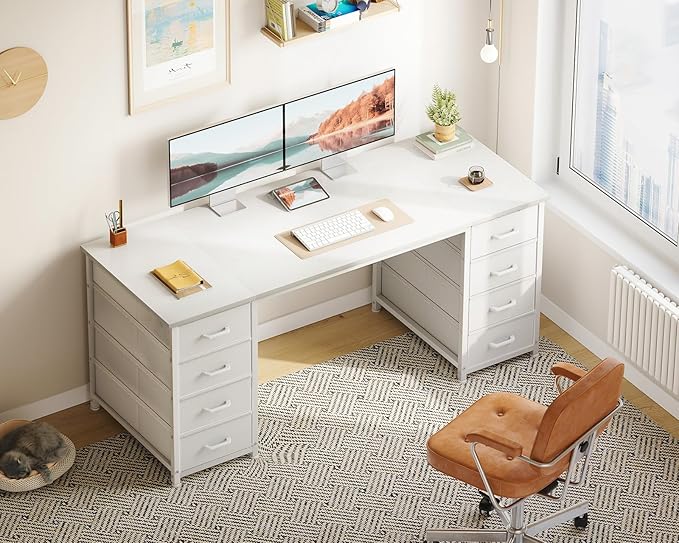 ODK 55 Inch Computer Desk with 8 Fabric Drawers, Modern Office Desk with Large Storage for Home Office, Study, Gaming, White