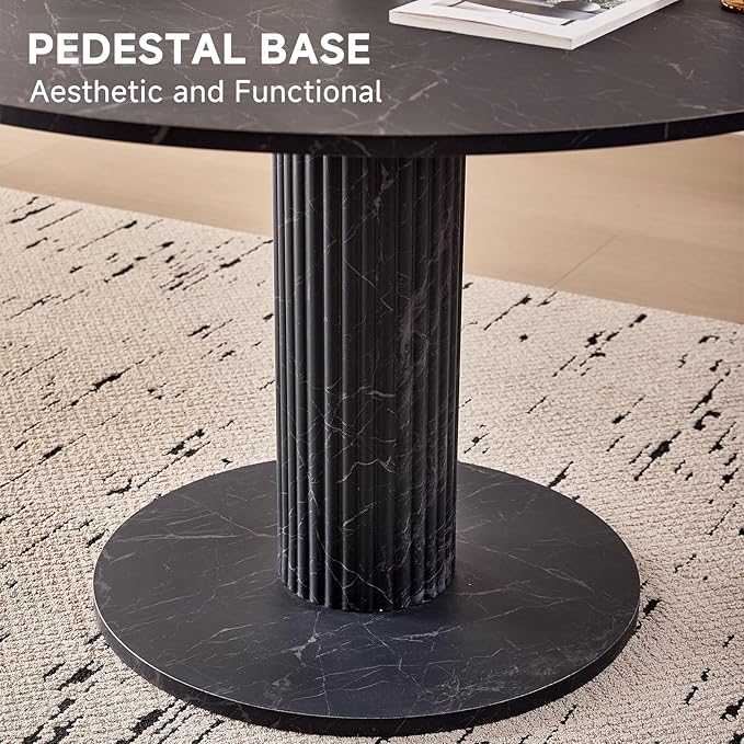 47" Round Dining Table for 4, [Cylinder Pedestal Base] [Stone-Patterned] Modern Circle Dinner Table for Kitchen Dining Living Room, Black Marble Patterned